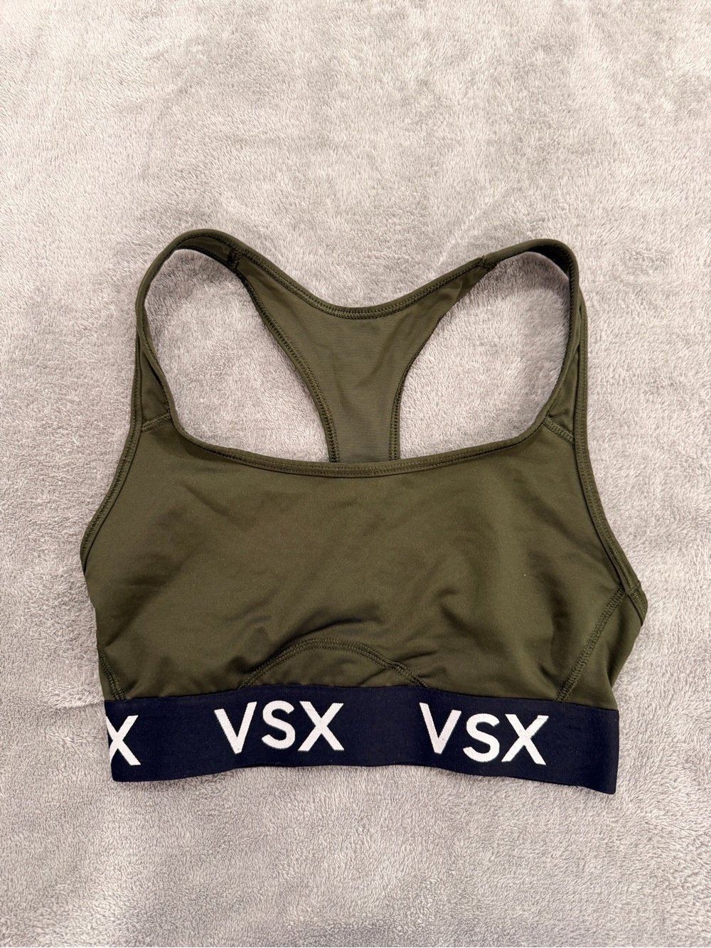 Victoria's Secret VSX Olive Green Racerback Sports Bra with Navy Logo Band